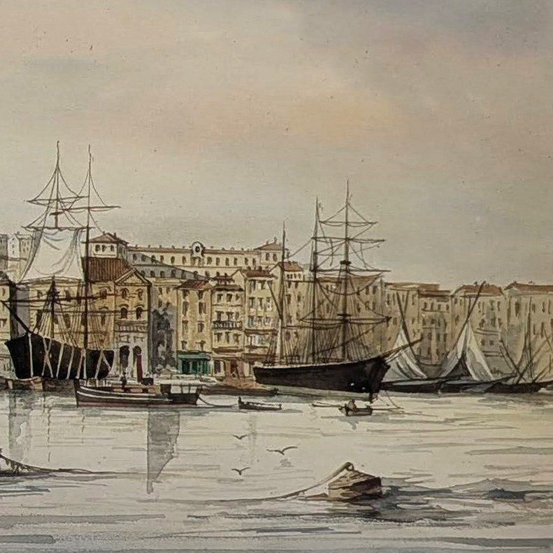 Dessin aquarelle signée Spinelli Marseille le vieux port