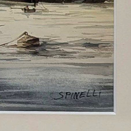 Dessin aquarelle signée Spinelli Marseille le vieux port