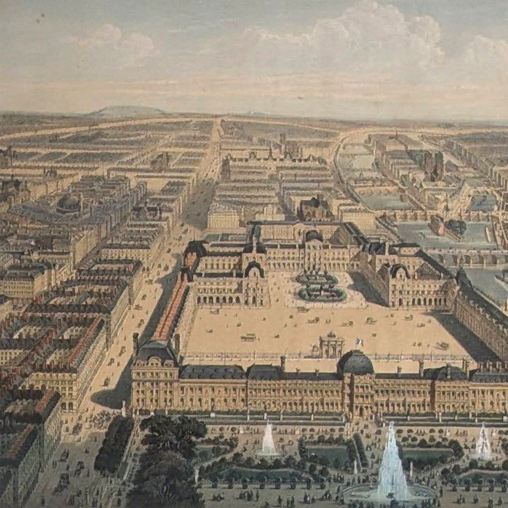 Gravure réhaussée le jardin des tuileries 