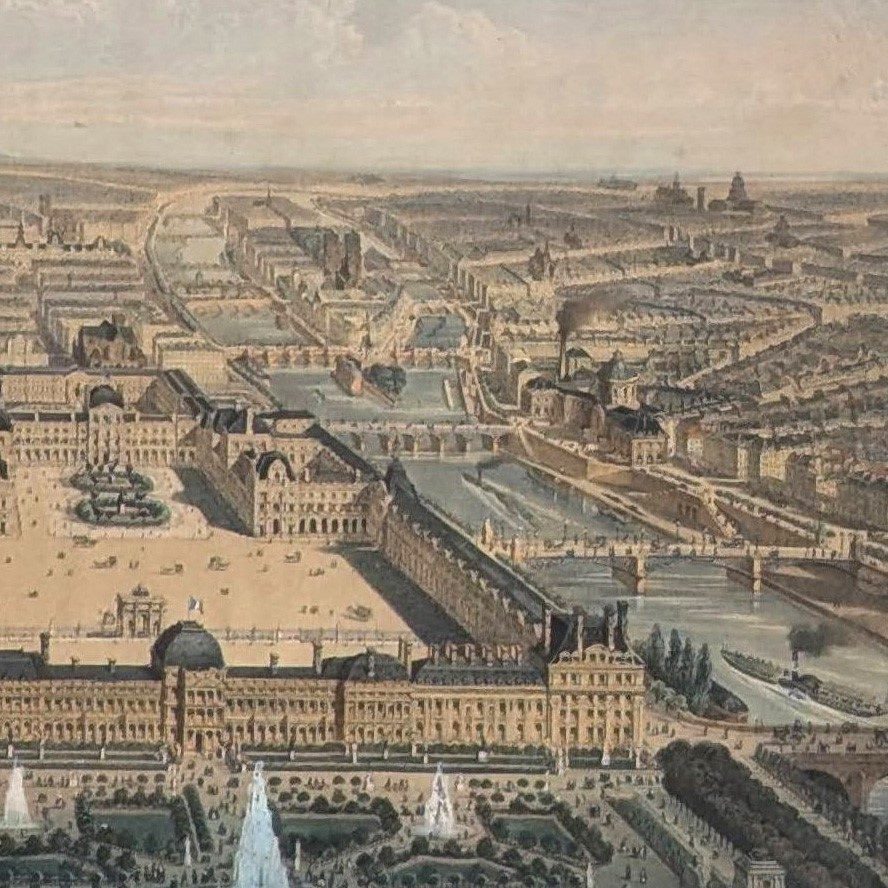 Gravure réhaussée le jardin des tuileries 