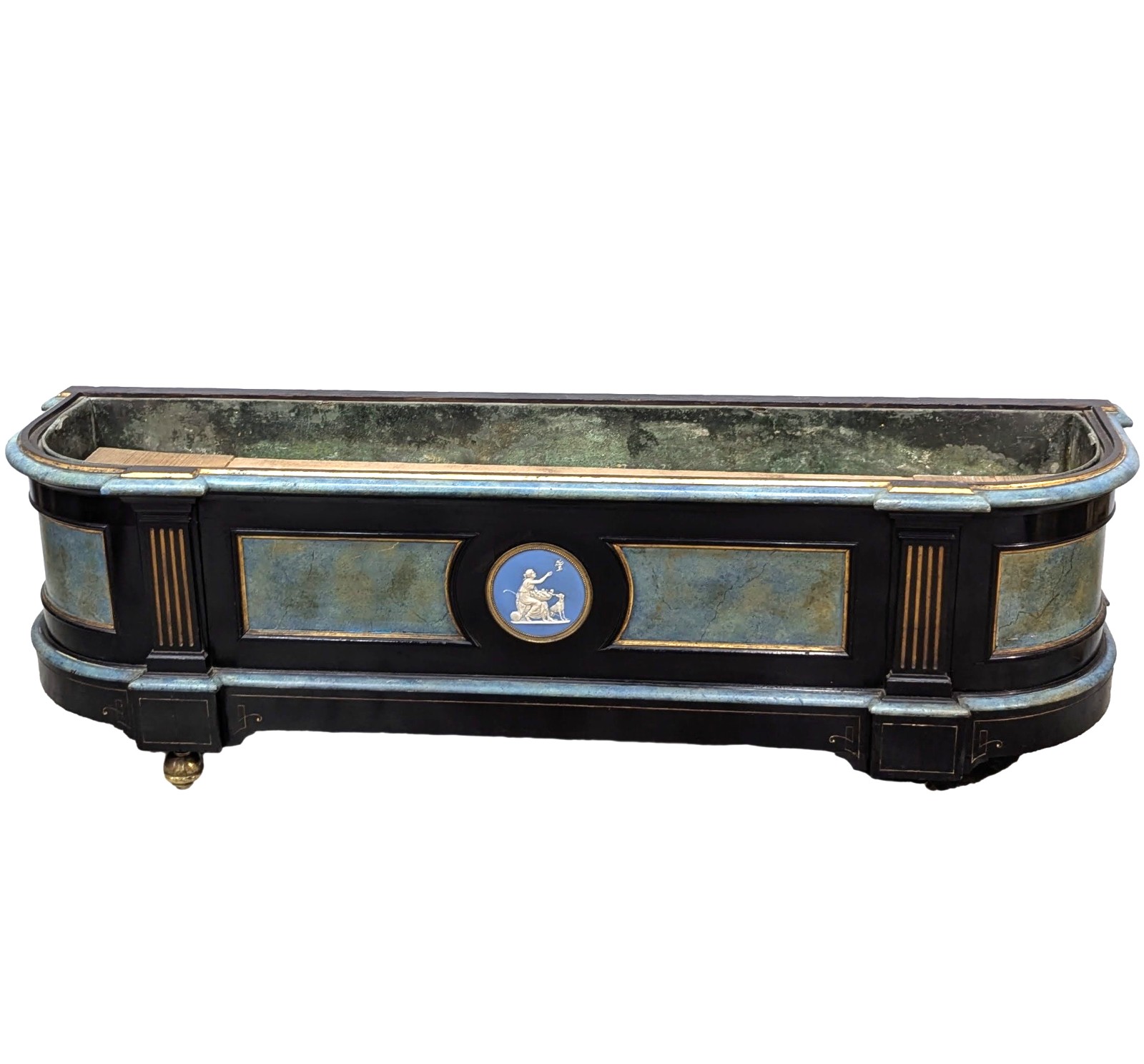 Jardinière Napoléon III en poirier noirci , filets de laiton et porcelaine de Wedgewood XIXème