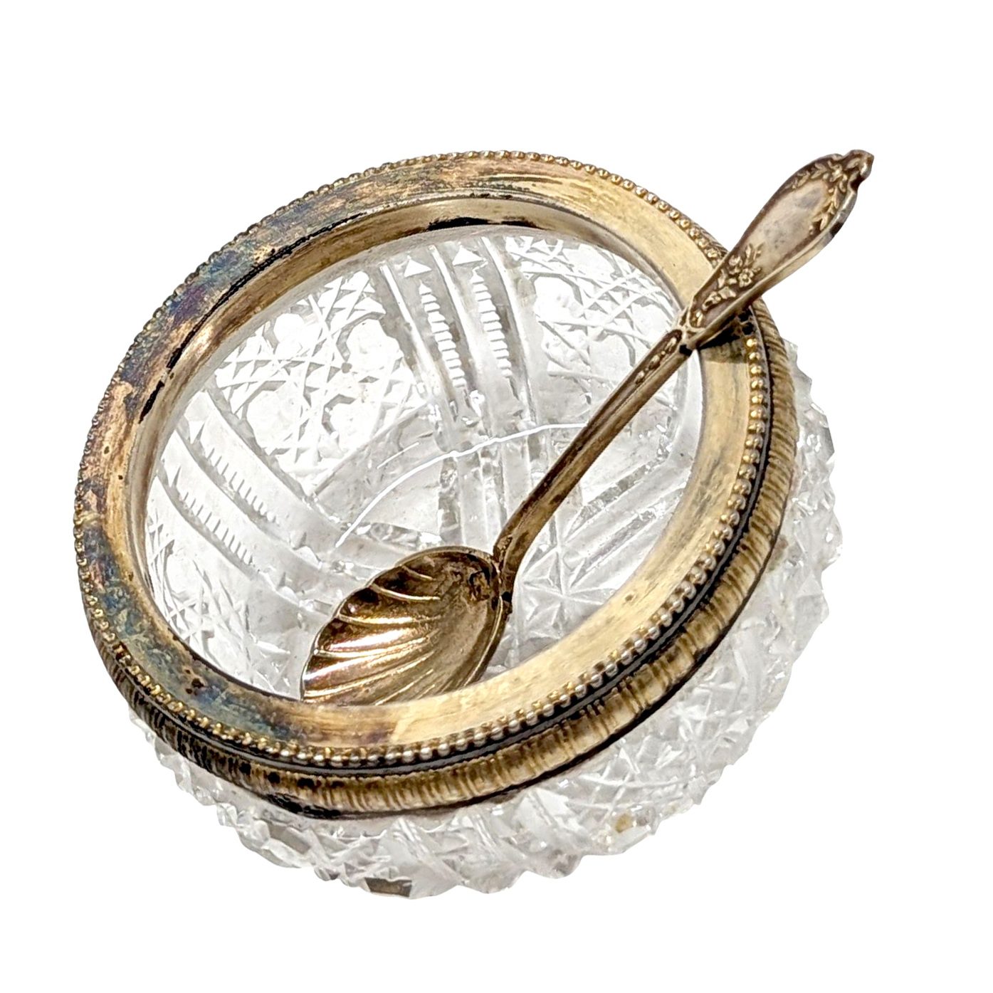 Service individuel à caviar en cristal taillé et argent, avec cuillère, dans son écrin – vers 1900