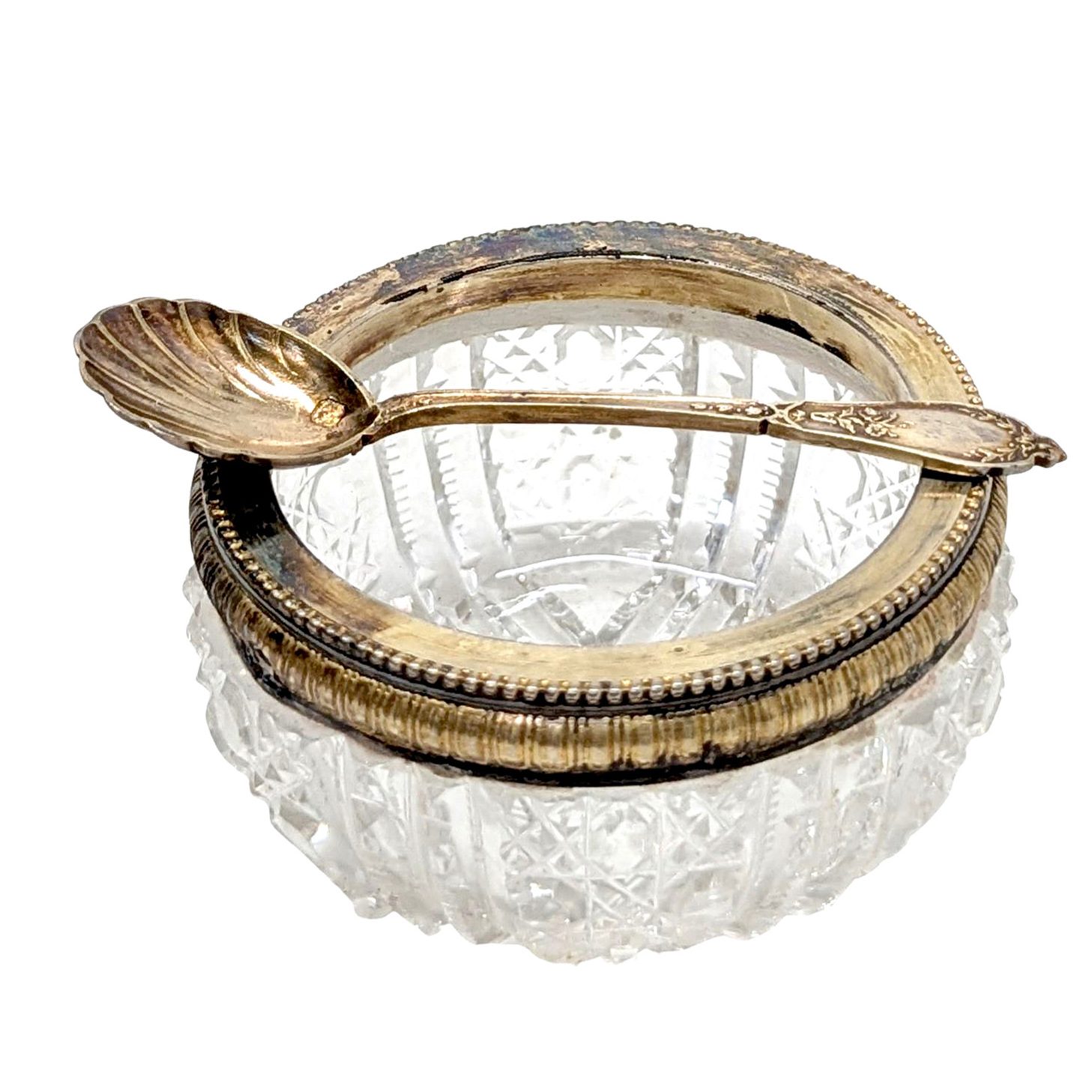 Service individuel à caviar en cristal taillé et argent, avec cuillère, dans son écrin – vers 1900