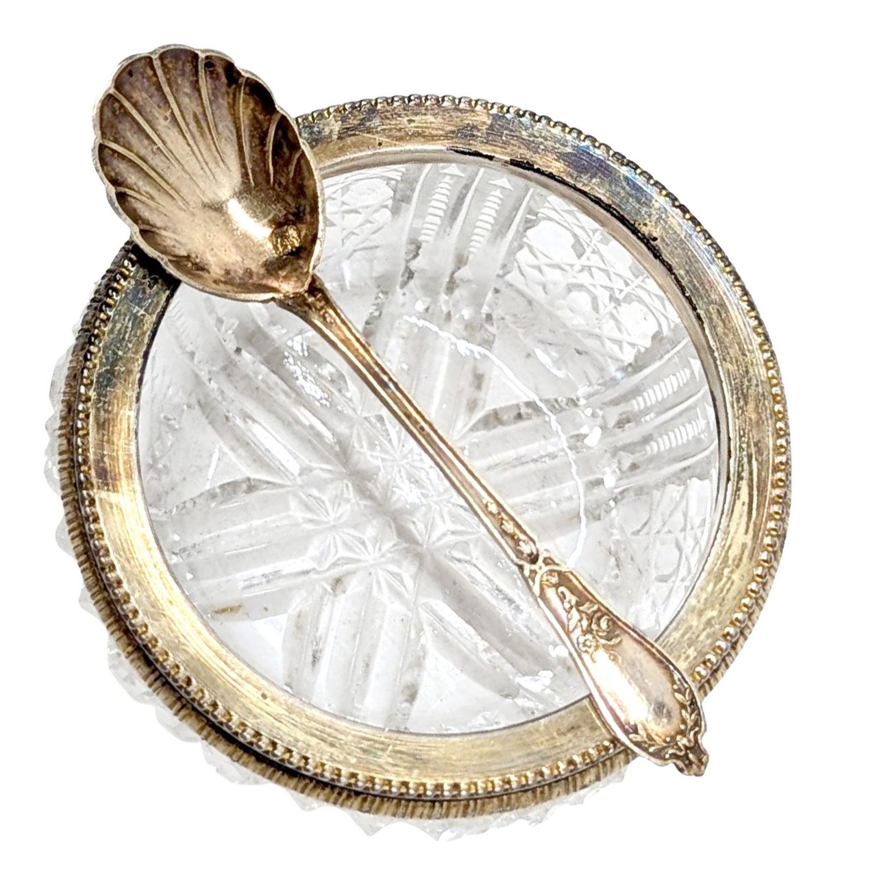 Service individuel à caviar en cristal taillé et argent, avec cuillère, dans son écrin – vers 1900